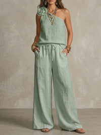Two-Tone Linen Set: Sleeveless Top & Trousers