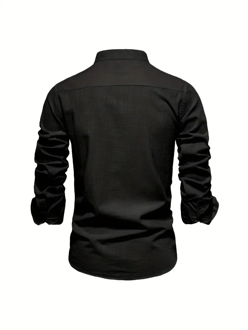Men’s Band Collar Button Down Shirt - Stylish Long Sleeve
