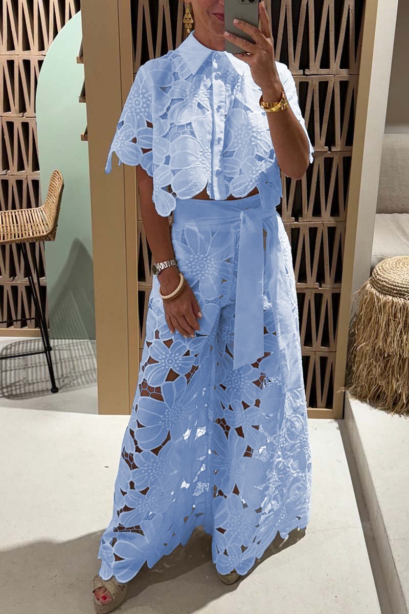 Women's Lace Blouse And Wide Leg Pants Set – Elegant Casual Outfit