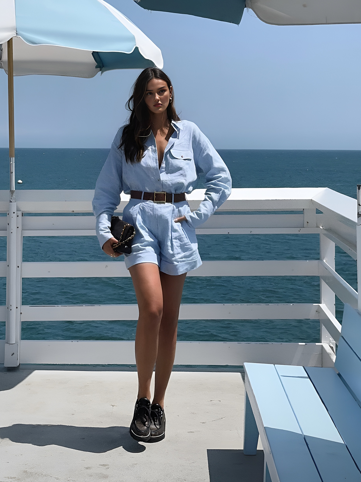 Women's Longsleeve Shirt and Pleated Shorts Set – Chic Summer Outfit