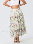 Floral Mesh Tiered Tulle Skirt