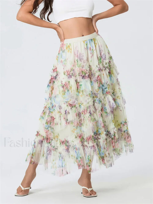 Floral Mesh Tiered Tulle Skirt