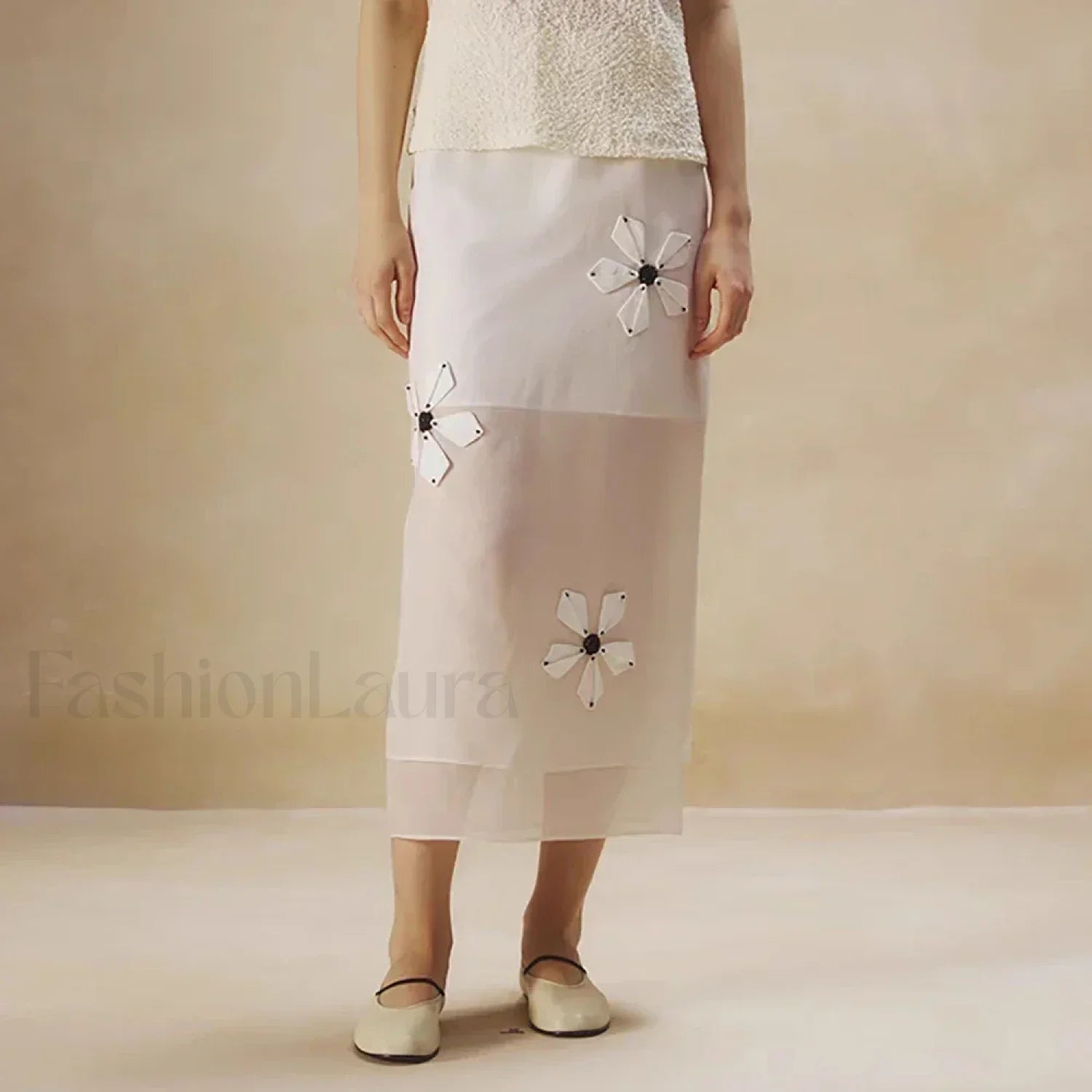 Floral Organza Back Slit Cotton Skirt