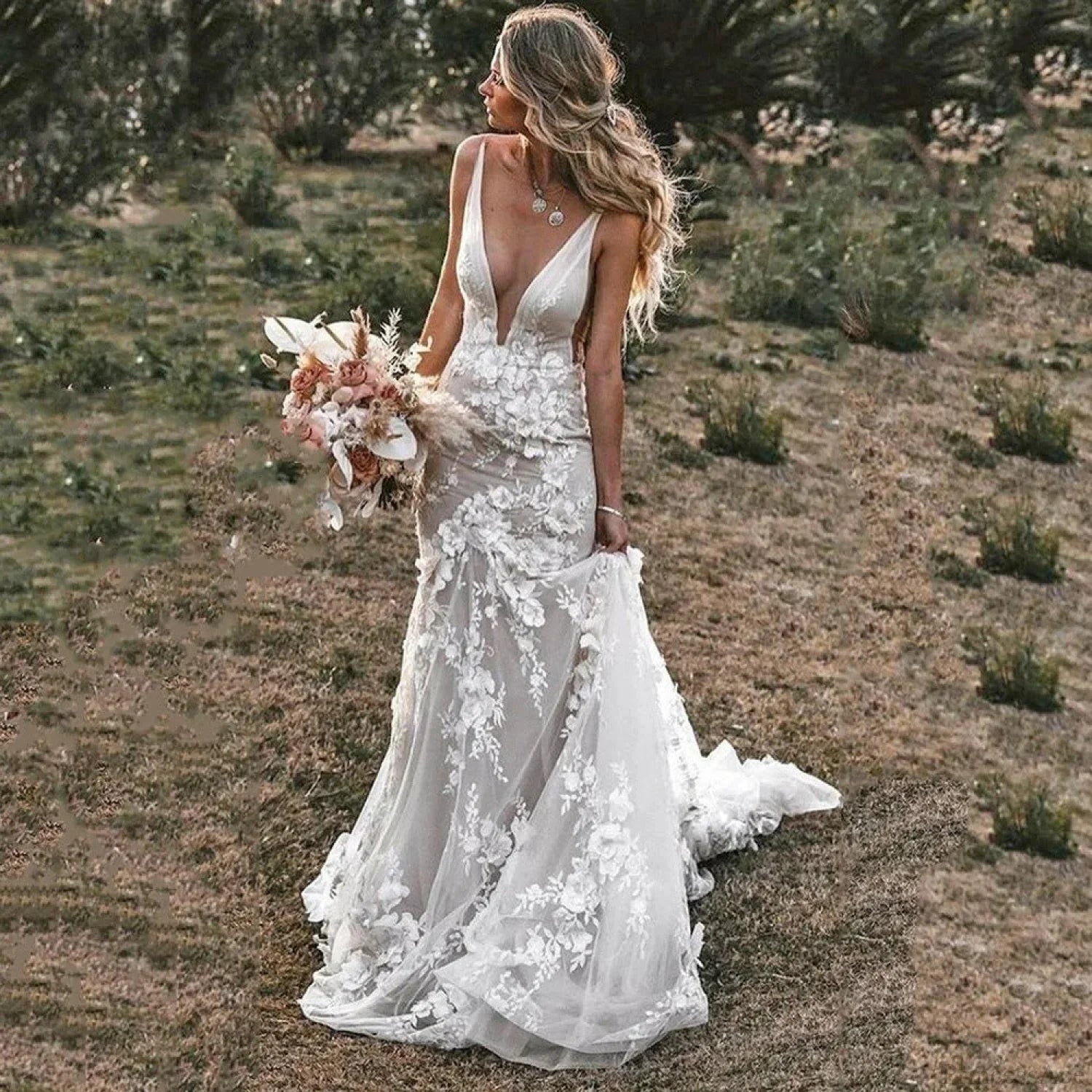 French Sheer Tulle Long Train Wedding Dress