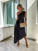 Women's One-Shoulder Pleated Elegant Dress – Flowing Evening Gown