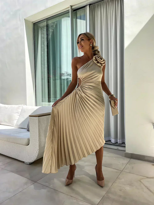 Women's One-Shoulder Pleated Elegant Dress – Flowing Evening Gown