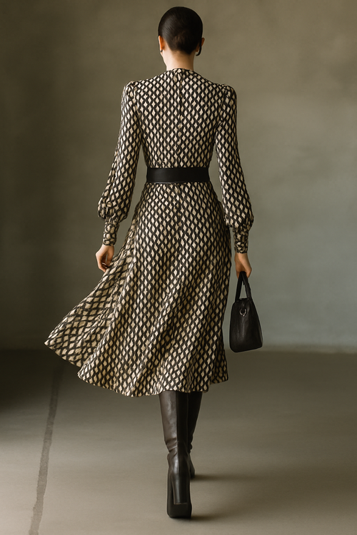 Women's Black And White Netted Chiffon Midi Dress (Without Belt)