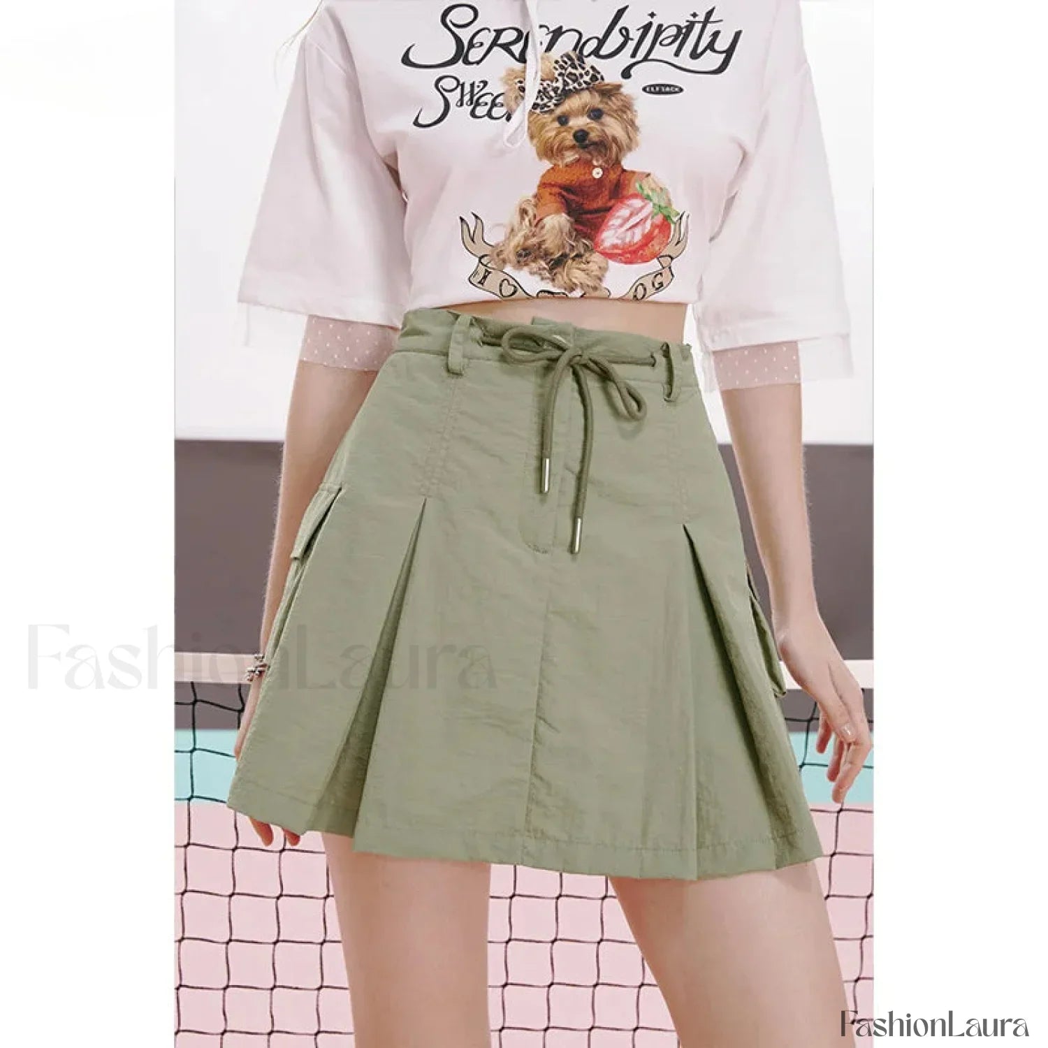 Green Pleated Sporty A-Line Skirt
