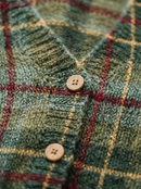 Plaid knit texture and wooden buttons close-up