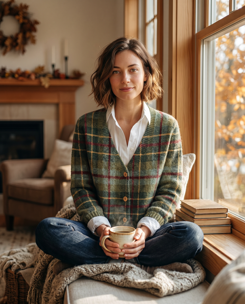 Green plaid cardigan lifestyle - cozy window