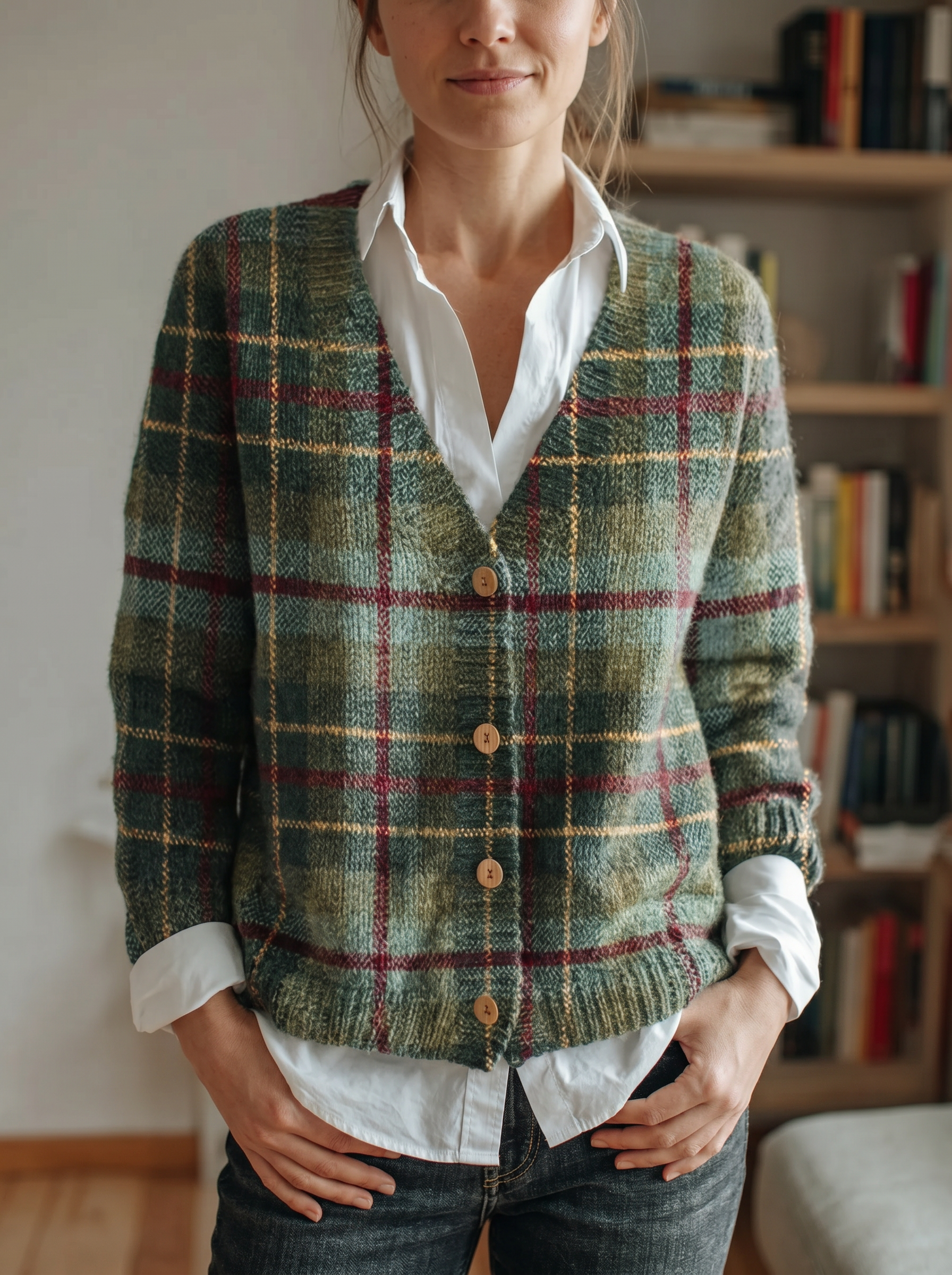 Green plaid knit cardigan full front with model