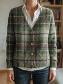 Green plaid knit cardigan front product view