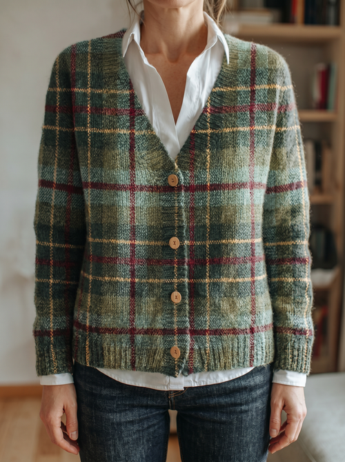 Green plaid knit cardigan front product view