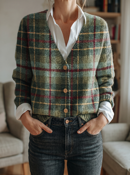 Green plaid knit cardigan front hands in pockets