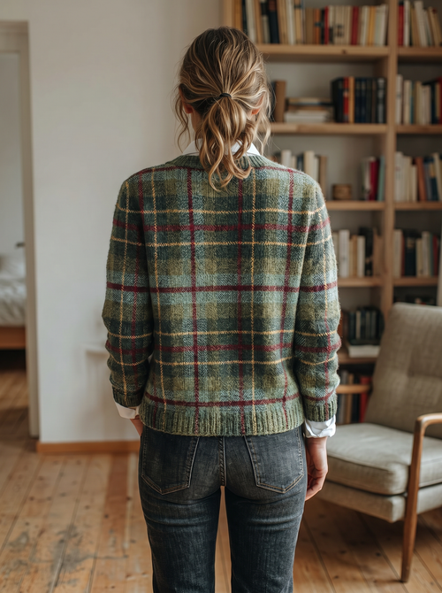 Green plaid knit cardigan back view
