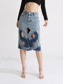 Hollow Out Zipper Denim Skirt