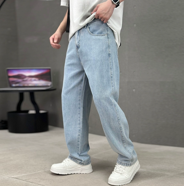 Men's Straight Leg Blue Jeans - Classic Casual Denim Pants