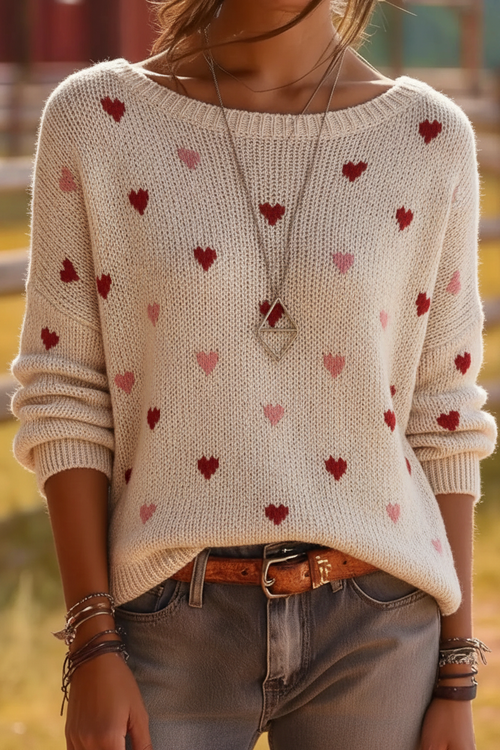 Oversized Heart Print Knit Sweater - Scattered Hearts Valentine's Edition