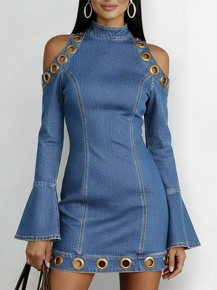 Women's Long-Sleeve Short Denim Dress – Ring Patterns Mini