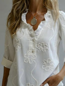 Women's V-Neck Longsleeve Linen Blouse – Floral Embroidered Top