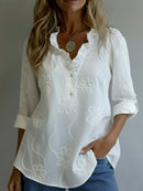Women's V-Neck Longsleeve Linen Blouse – Floral Embroidered Top