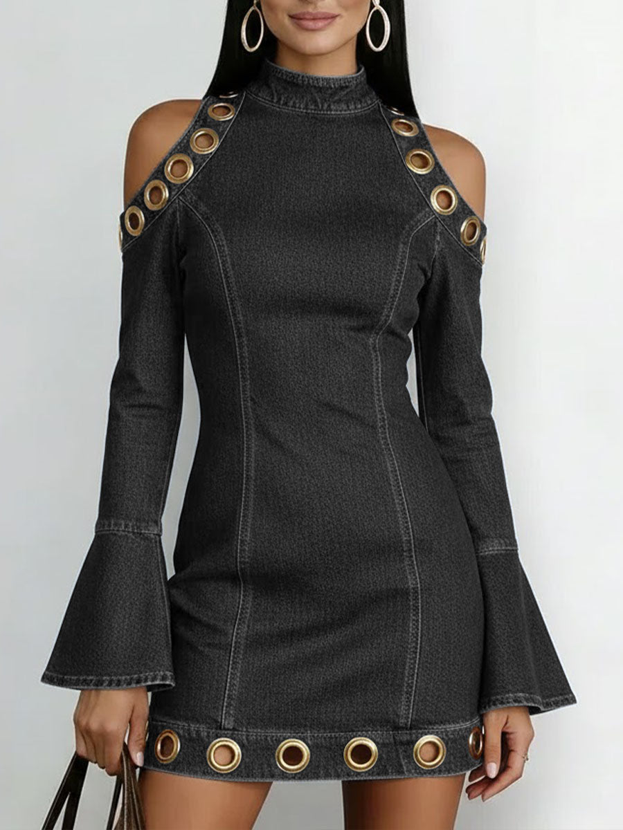 Women's Long-Sleeve Short Denim Dress – Ring Patterns Mini