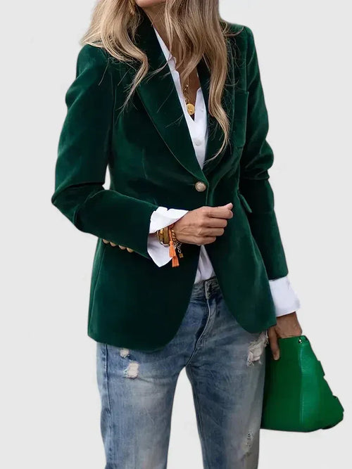 Women's Notch Lapel Button Black Velvet Blazer – Elegant Tailored Jacket