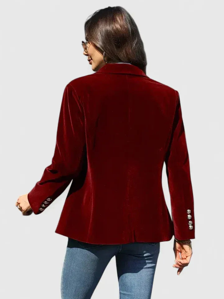 Women's Notch Lapel Button Black Velvet Blazer – Elegant Tailored Jacket
