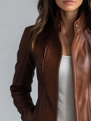 Women's Stand Collar Vintage Faux Leather Hip-Length Jacket – Biker