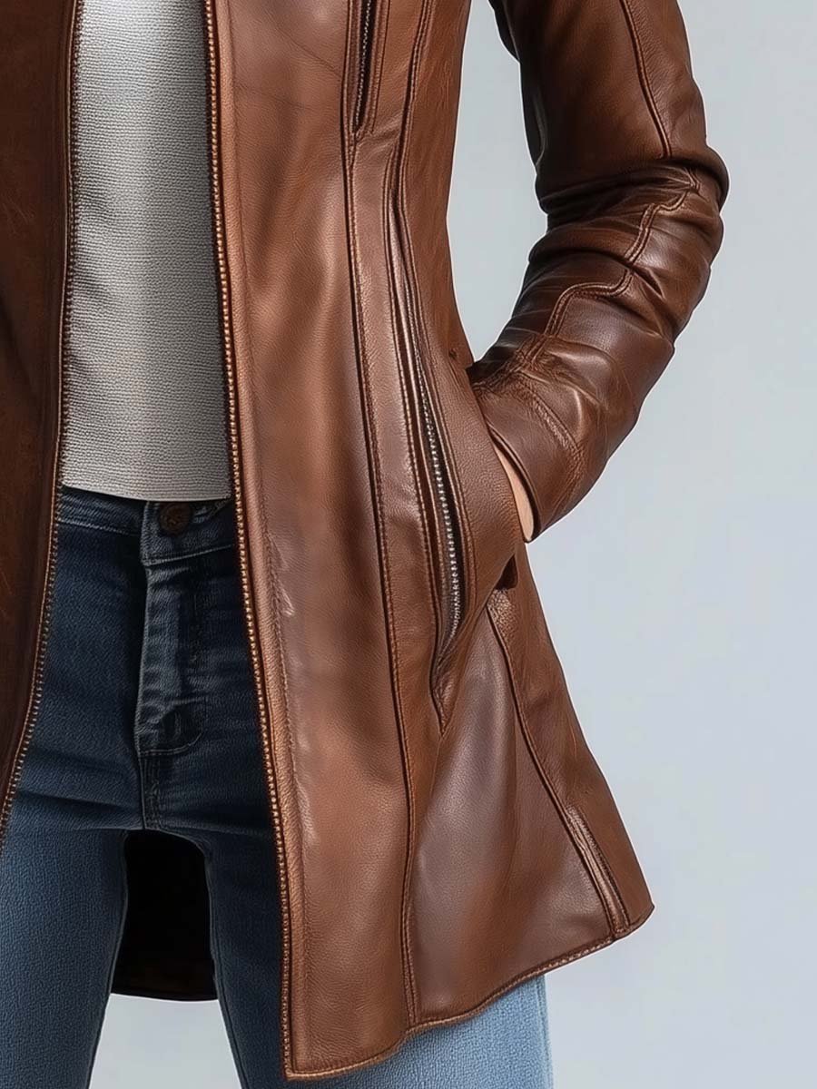 Women's Stand Collar Vintage Faux Leather Hip-Length Jacket – Biker