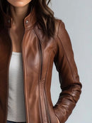 Women's Stand Collar Vintage Faux Leather Hip-Length Jacket – Biker