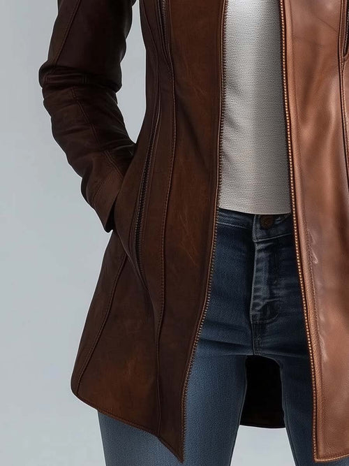 Women's Stand Collar Vintage Faux Leather Hip-Length Jacket – Biker