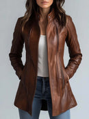 Women's Stand Collar Vintage Faux Leather Hip-Length Jacket – Biker