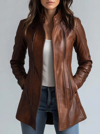 Women's Stand Collar Vintage Faux Leather Hip-Length Jacket – Biker