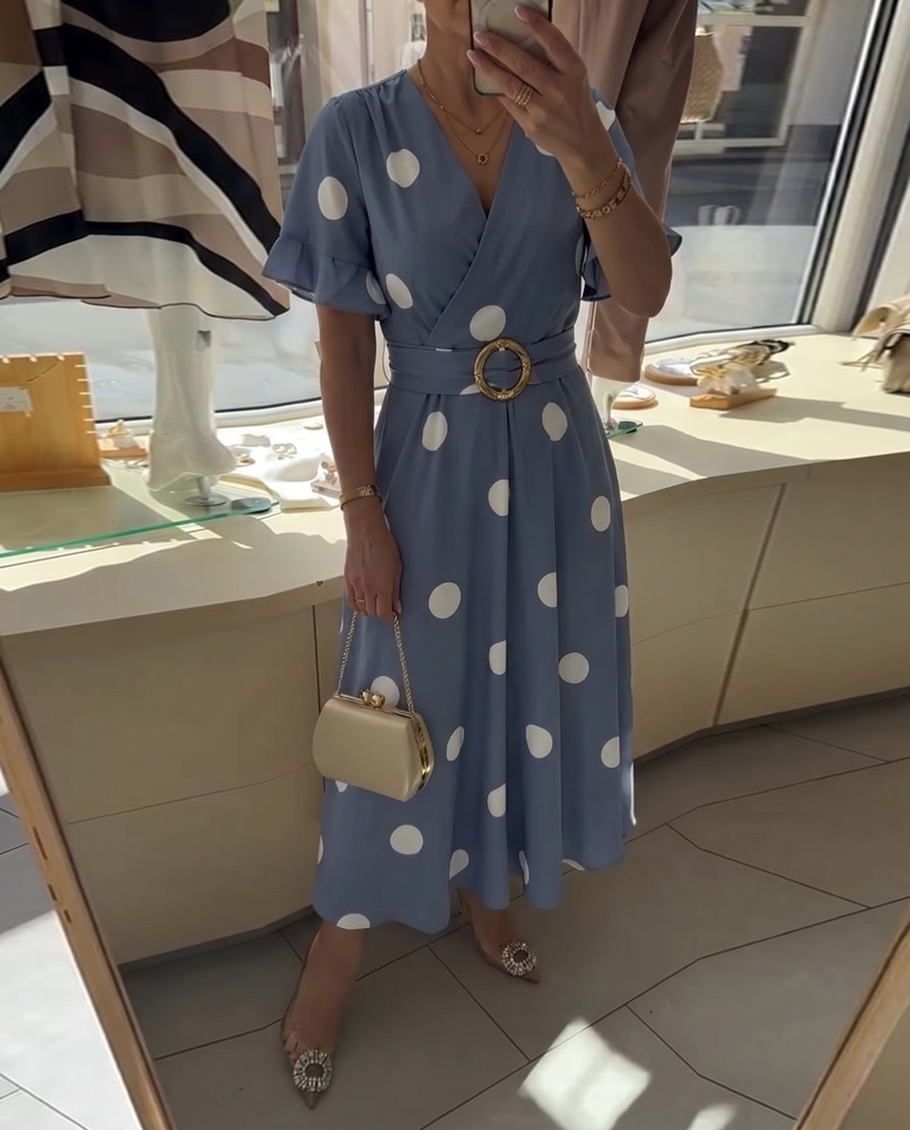 Polka Dot Fitted Dress with V-Neckline