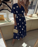 Polka Dot Fitted Dress with V-Neckline