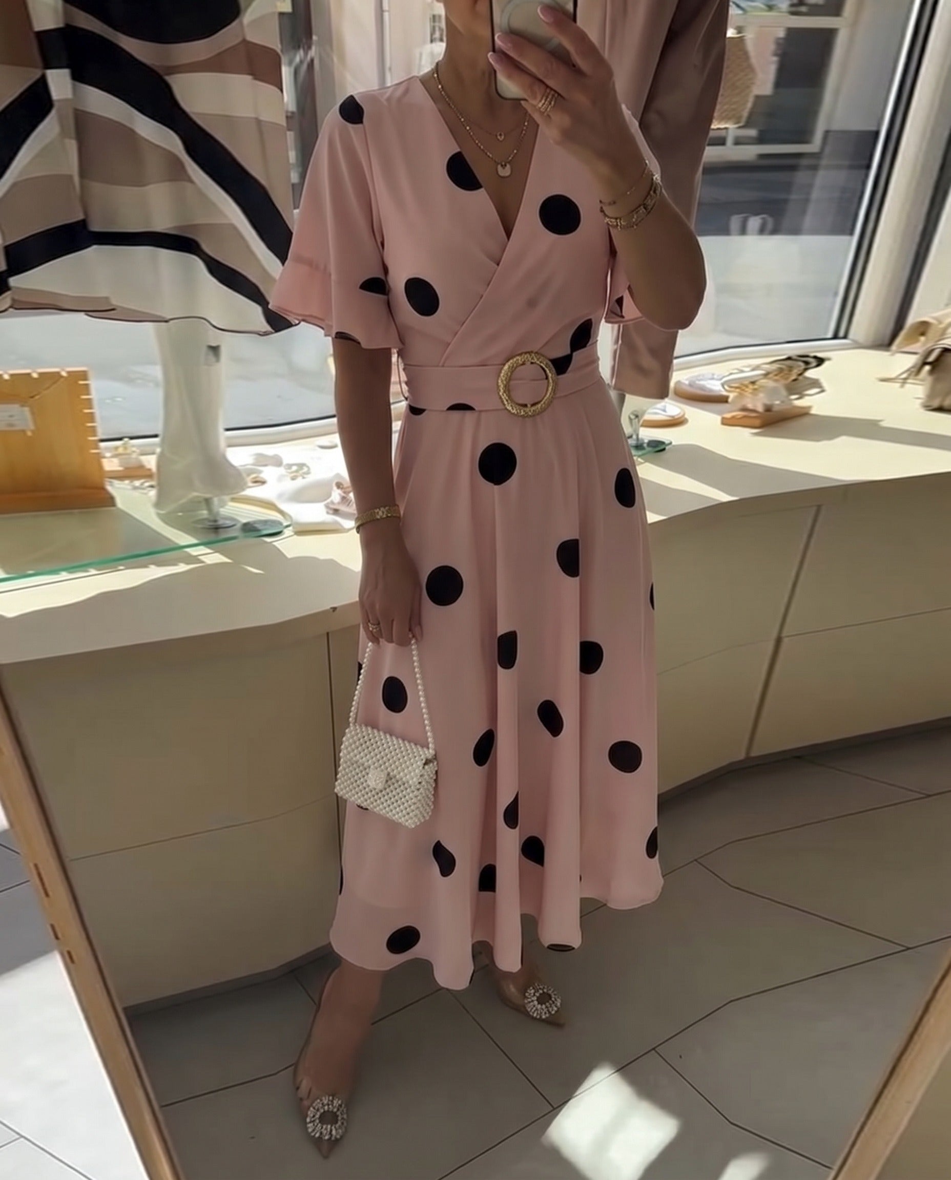 Polka Dot Fitted Dress with V-Neckline