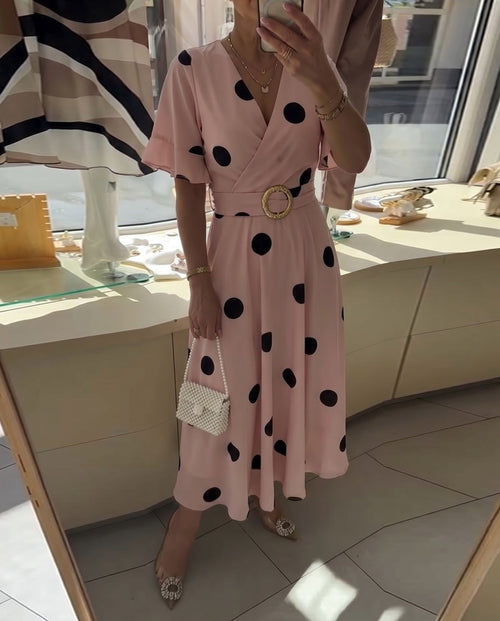 Polka Dot Fitted V-Neck Dress