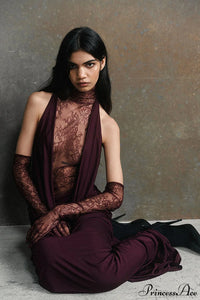 Lace Panel Halterneck Deep V Ruched Party Dress