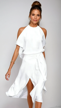 Women's White Halter Neck Midi Dress – Asymmetrical Flowing Hem