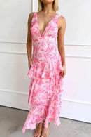 Women's Layered Chiffon Maxi Dress – Sleeveless V-Neck Open Back Gown