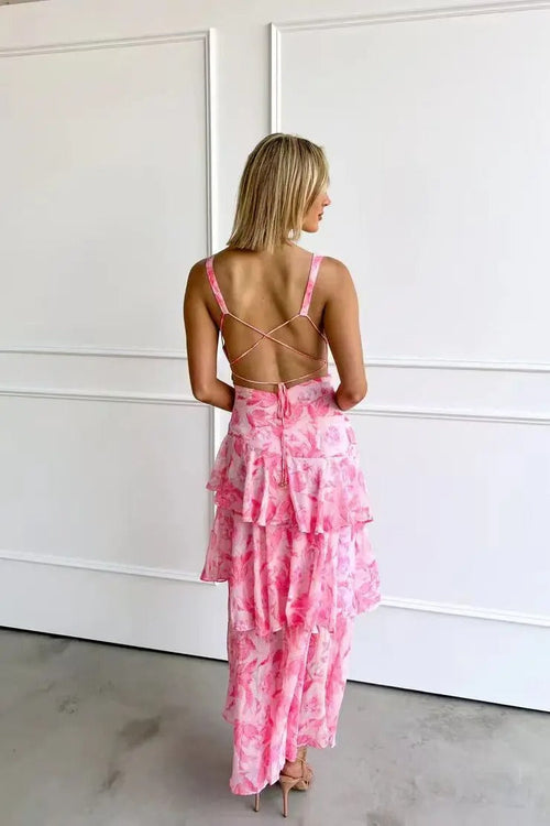 Women's Layered Chiffon Maxi Dress – Sleeveless V-Neck Open Back Gown