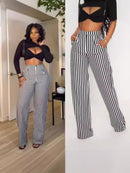 Women Stripe Printed High Waist Straight Leg Pants – Casual Pocket Trousers