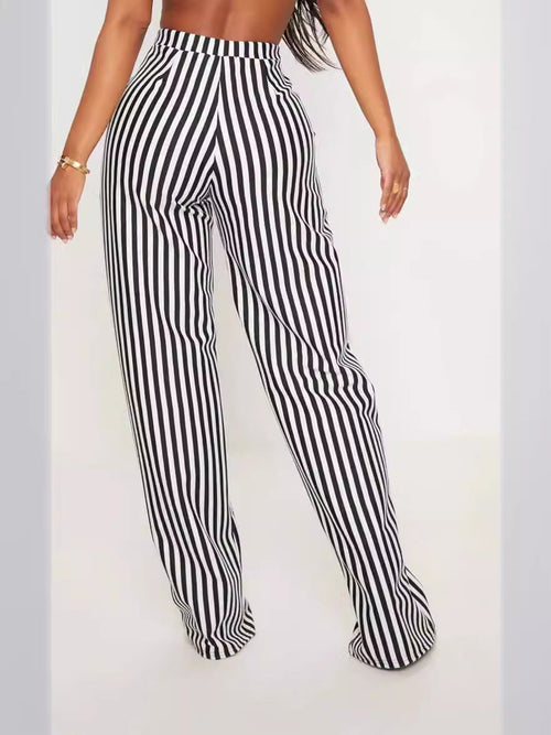 Women Stripe Printed High Waist Straight Leg Pants – Casual Pocket Trousers