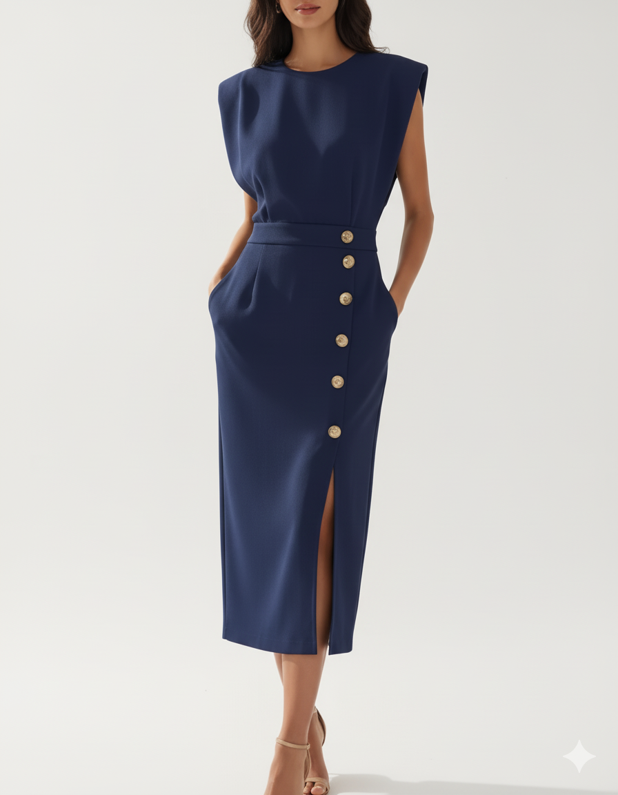 Women’s Navy Blue Midi Dress – Tailored Fit – Side Slit – Button Front