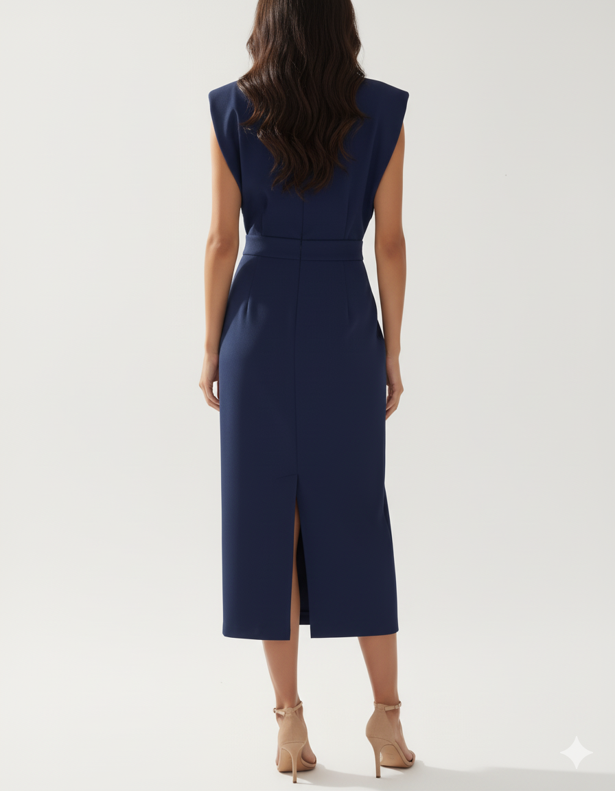 Women’s Navy Blue Midi Dress – Tailored Fit – Side Slit – Button Front