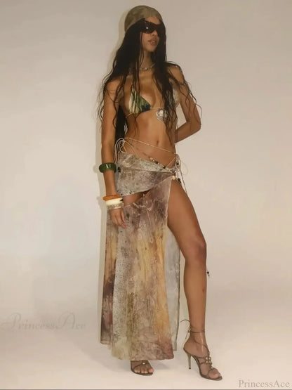 Print White Halter Skirt Three Piece Swimsuit