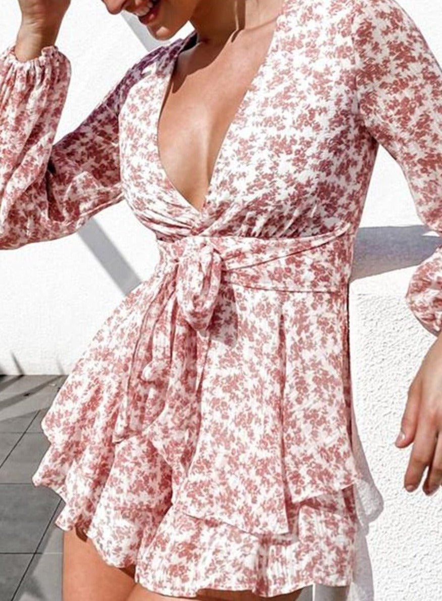Women's V-Neck Long Sleeve Floral Ruffled Romper – Summer Playsuit