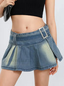 Retro Belted Pleated Denim Skirt