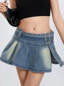 Retro Belted Pleated Denim Skirt